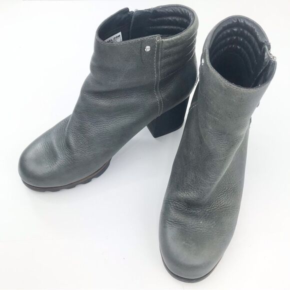 Sorel DANICA Gray Leather Zip Side Block Heel Chunky Moto Style Ankle Boots - Picture 3 of 16